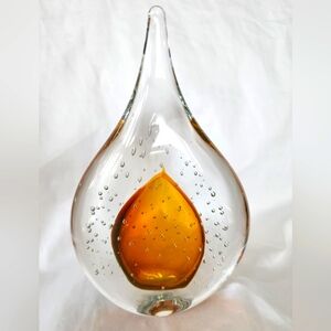 Vintage Art Glass Paperweight Signed MP Marian Pyrcak Teardrop Amber 5.5" Poland